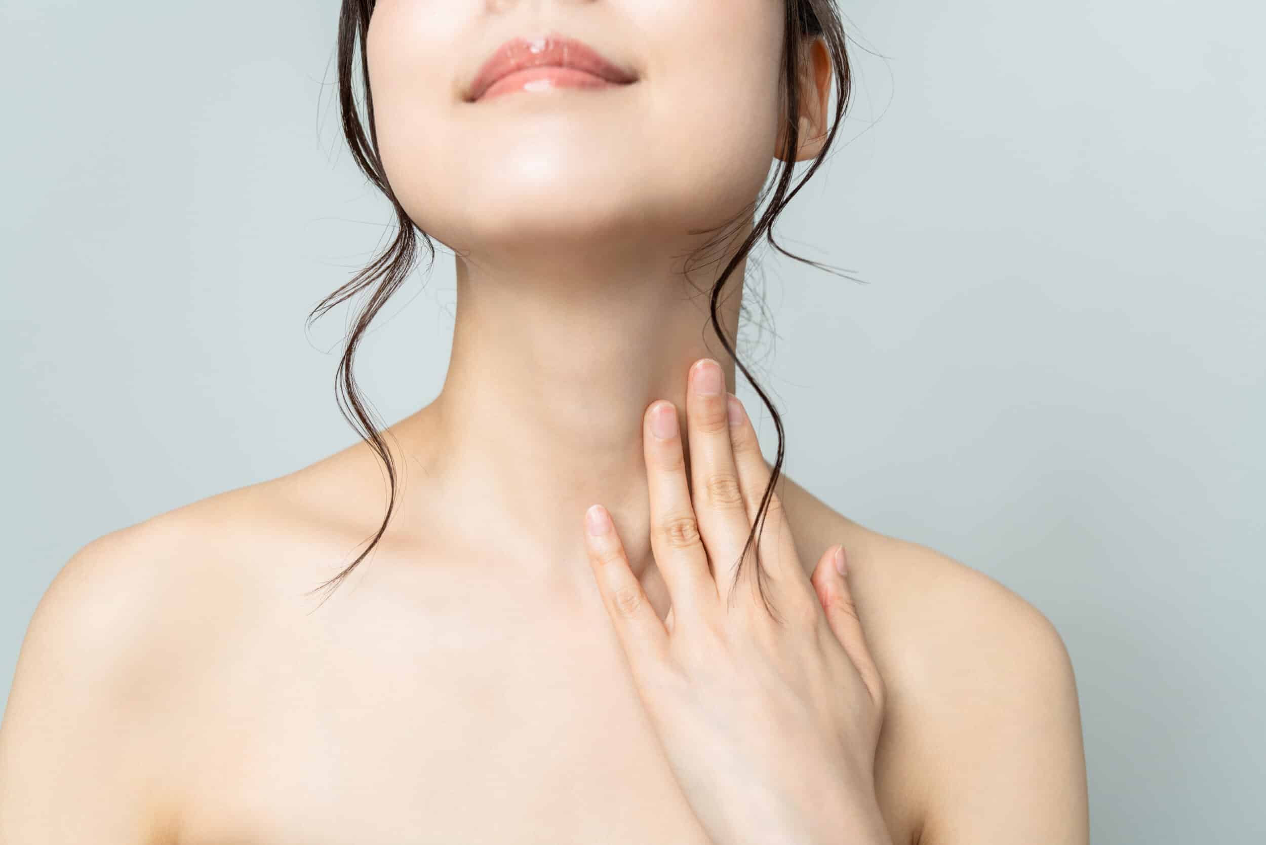 Close up of woman's slim, sculpted chin after Kybella double chin treatments in Whittier, CA